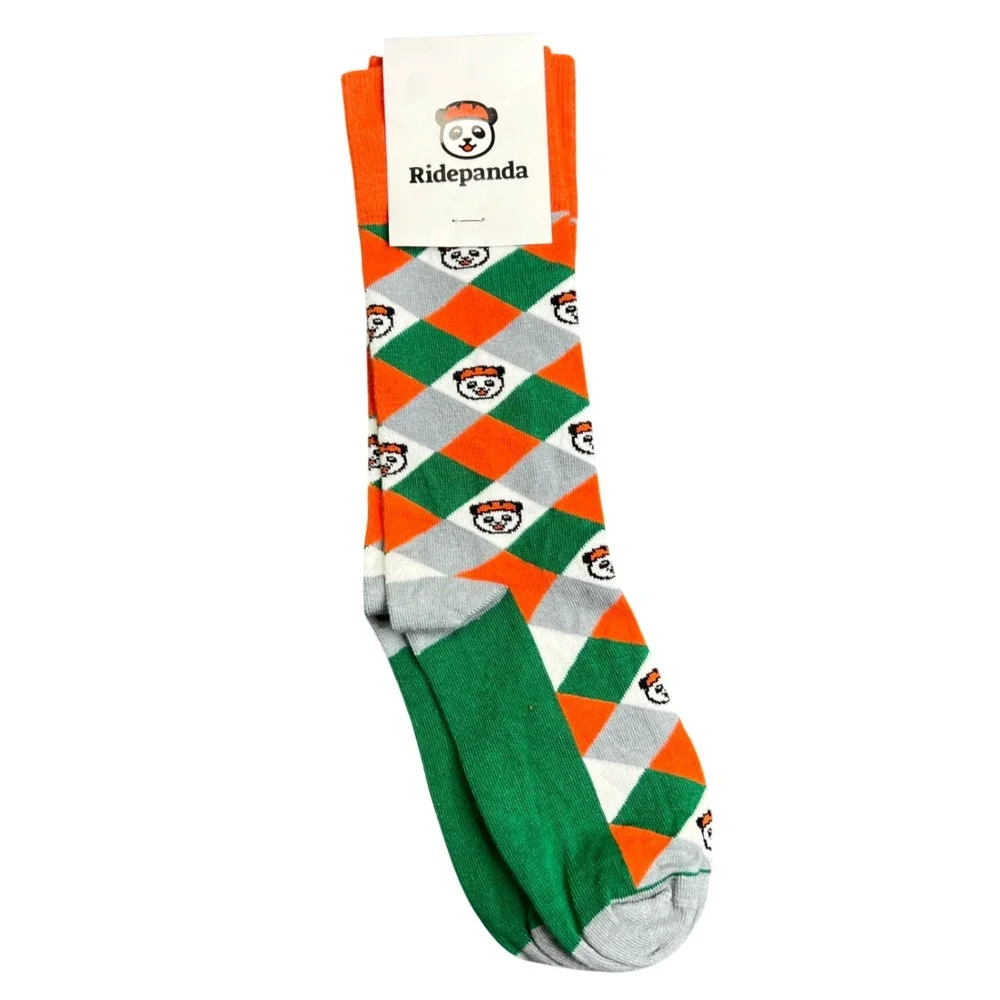 Ridepanda Sock Club Argyle Panda Crew Socks Orange Green Grey Made in USA NEW